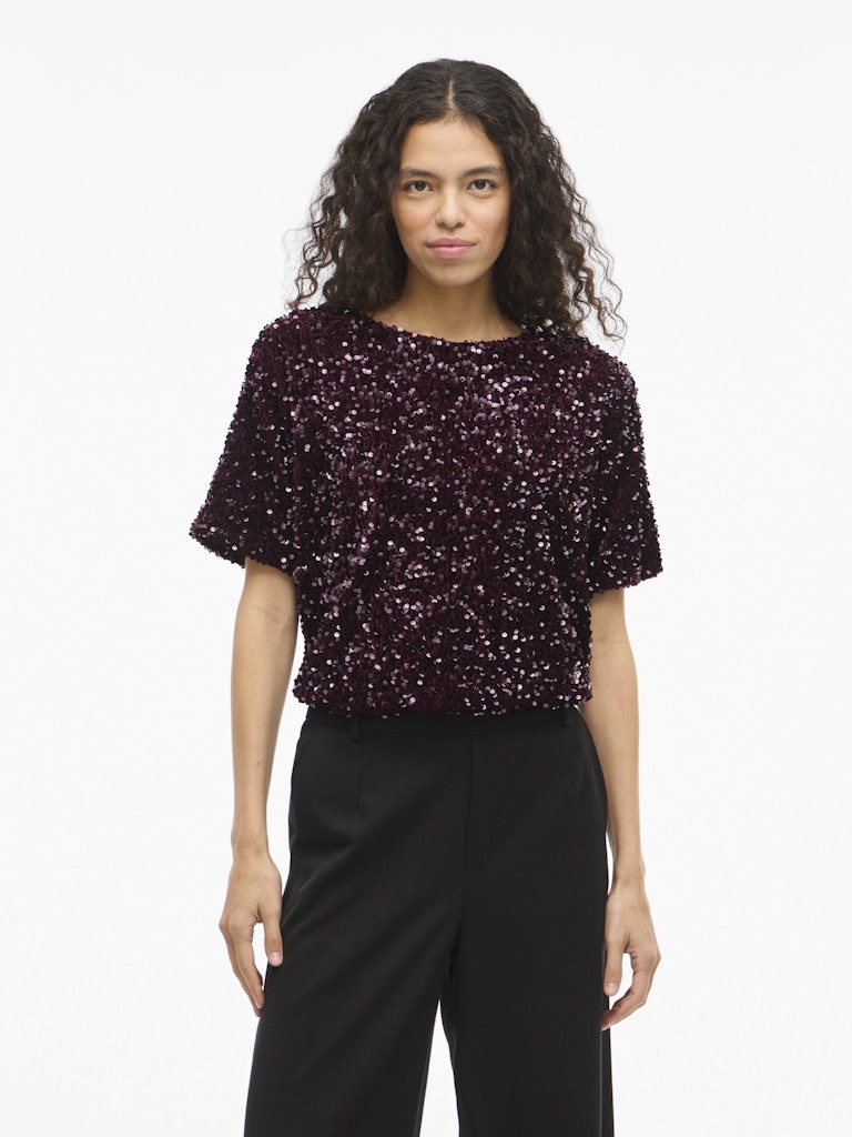 Tops - Vifaith O-Neck S/S Sequin Top Bordeaux van Vila