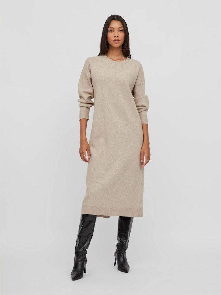Natural Melange Jurken - Violivie O-Neck L/S Knit Midi Dress van Vila
