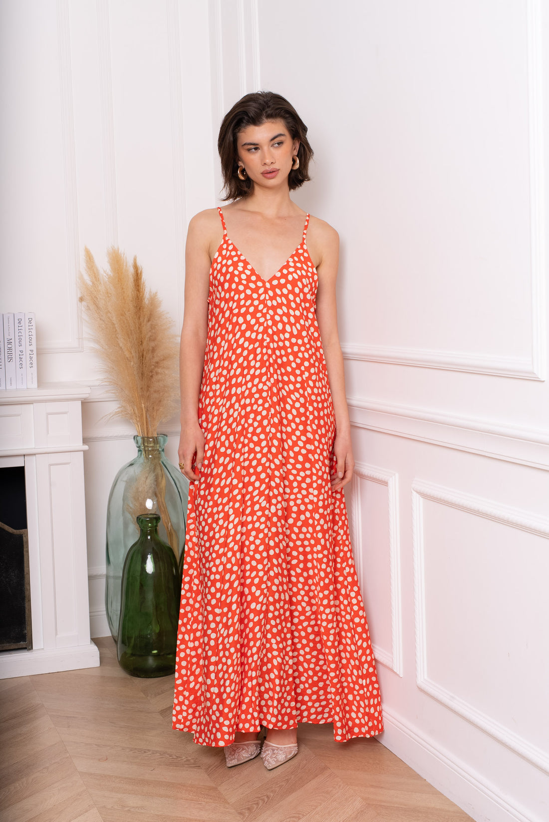 Open back dots maxi strap dress