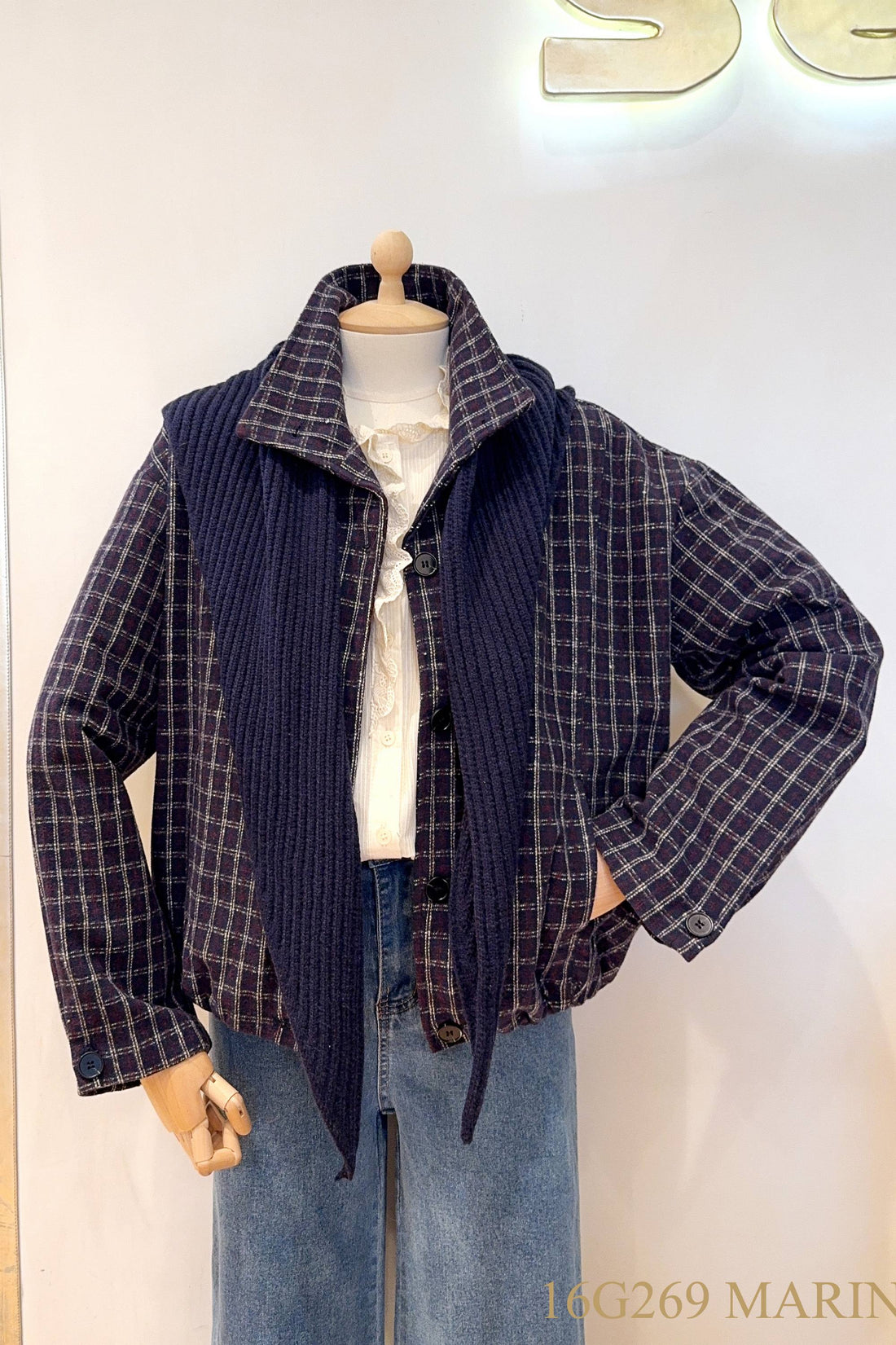 Checked jacket with scarf