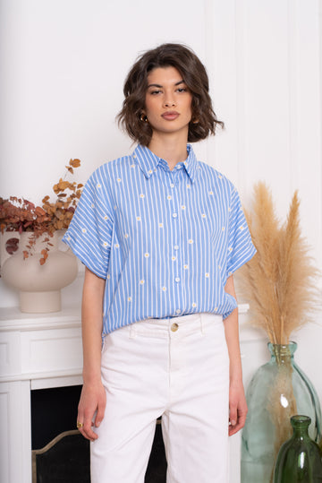 Embroided daisy striped shirt