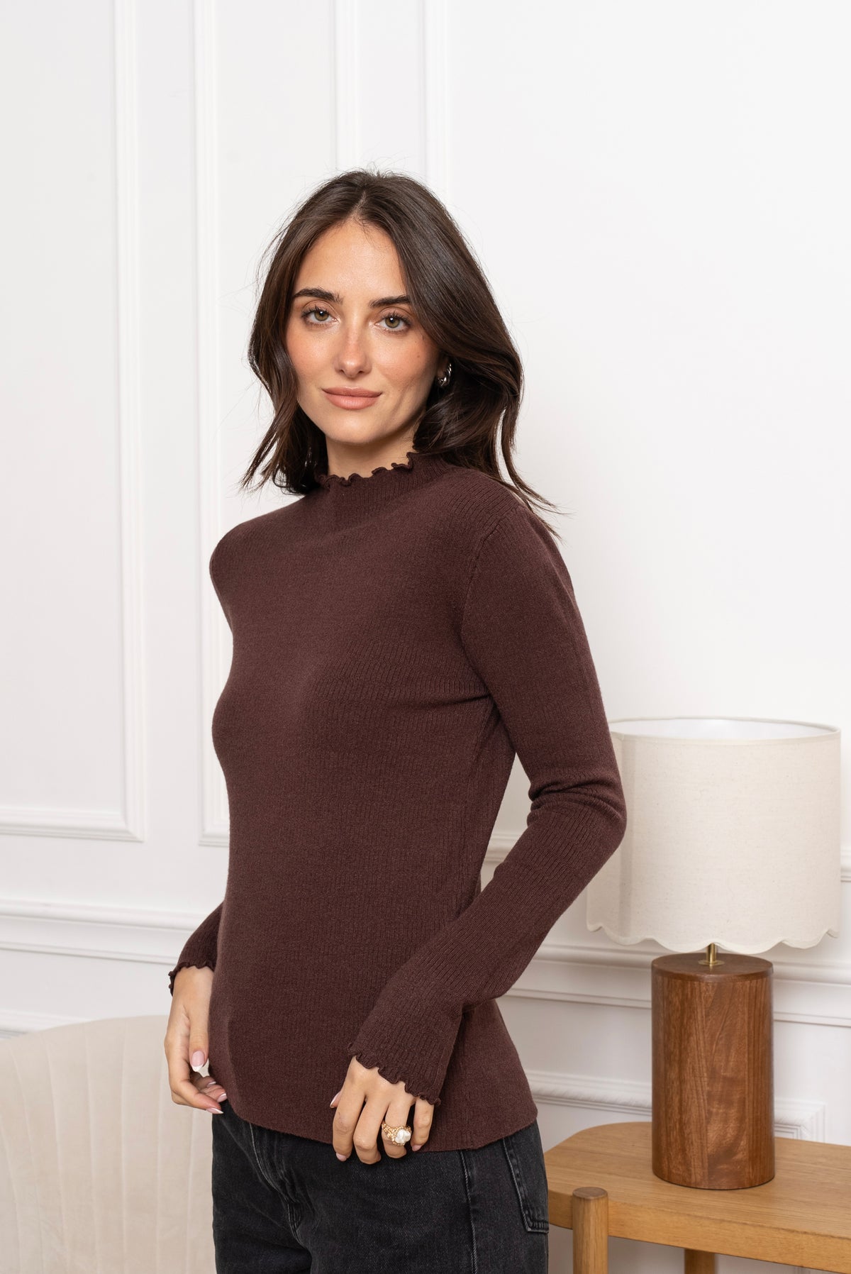 Frilled funnel neck top 9013