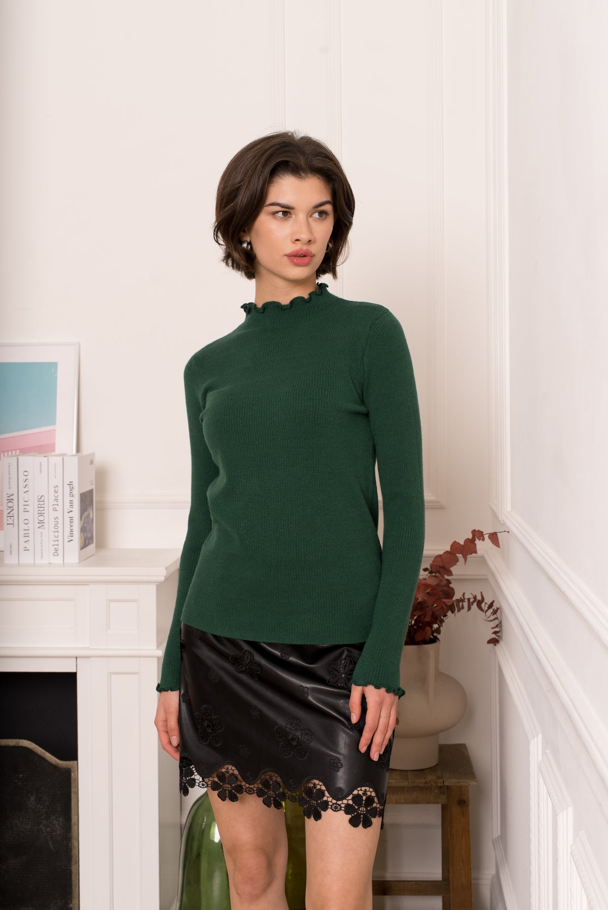 Frilled funnel neck top 9013