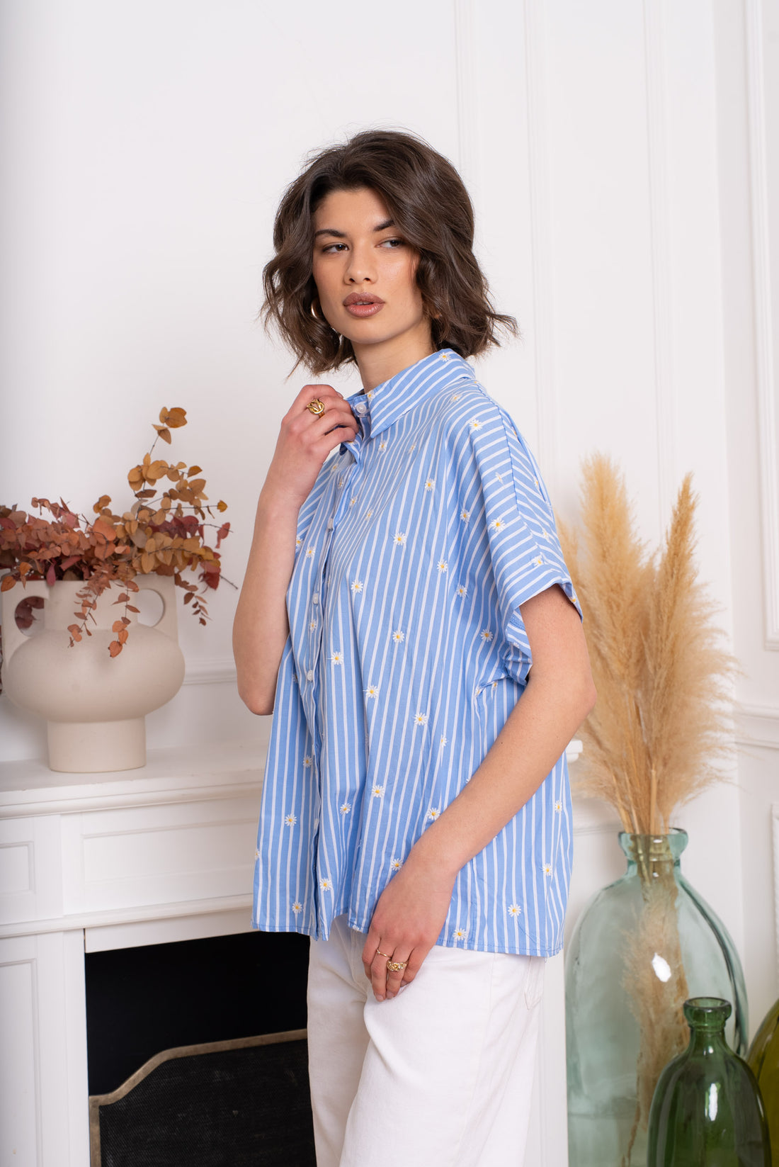 Embroided daisy striped shirt
