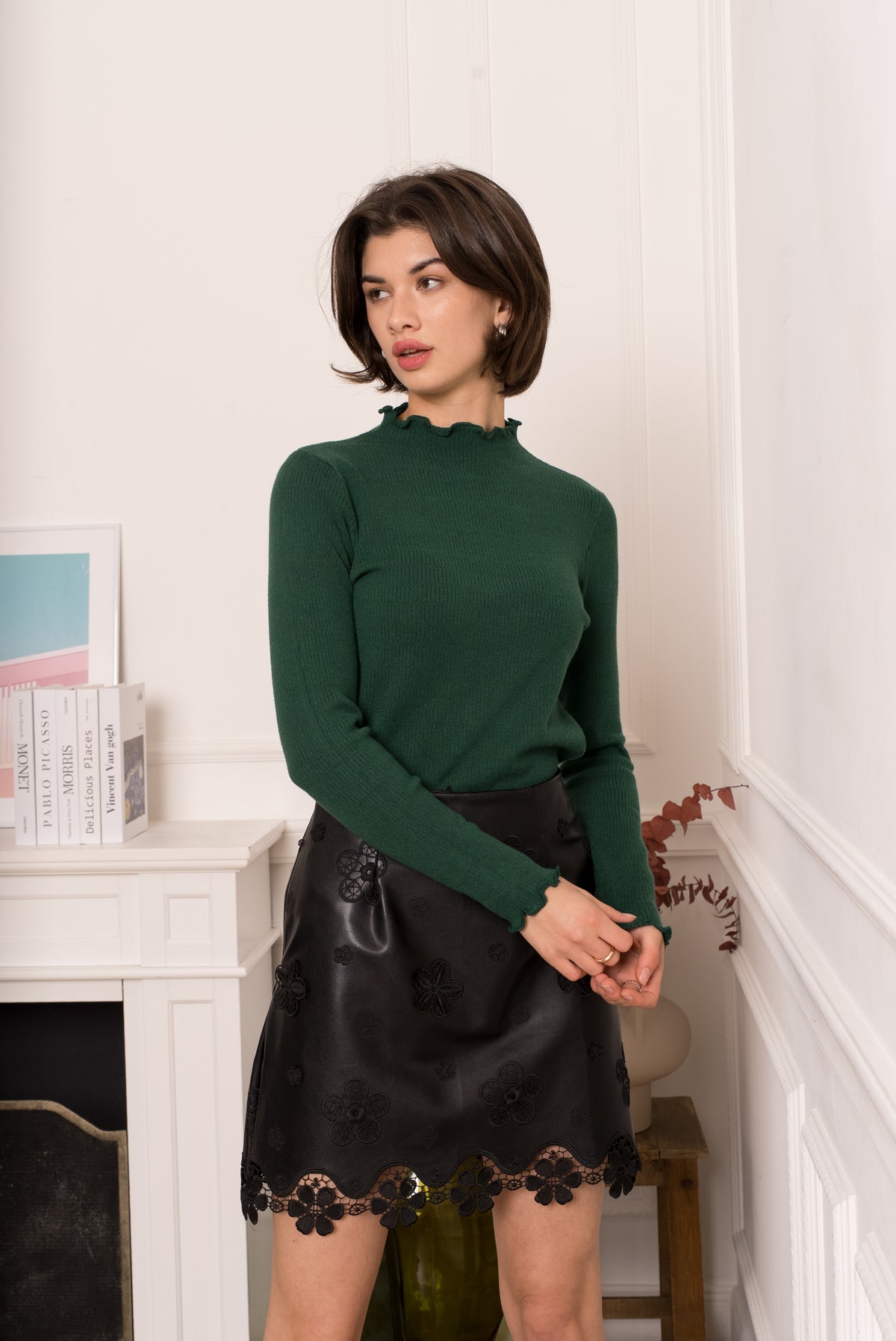 Frilled funnel neck top 9013
