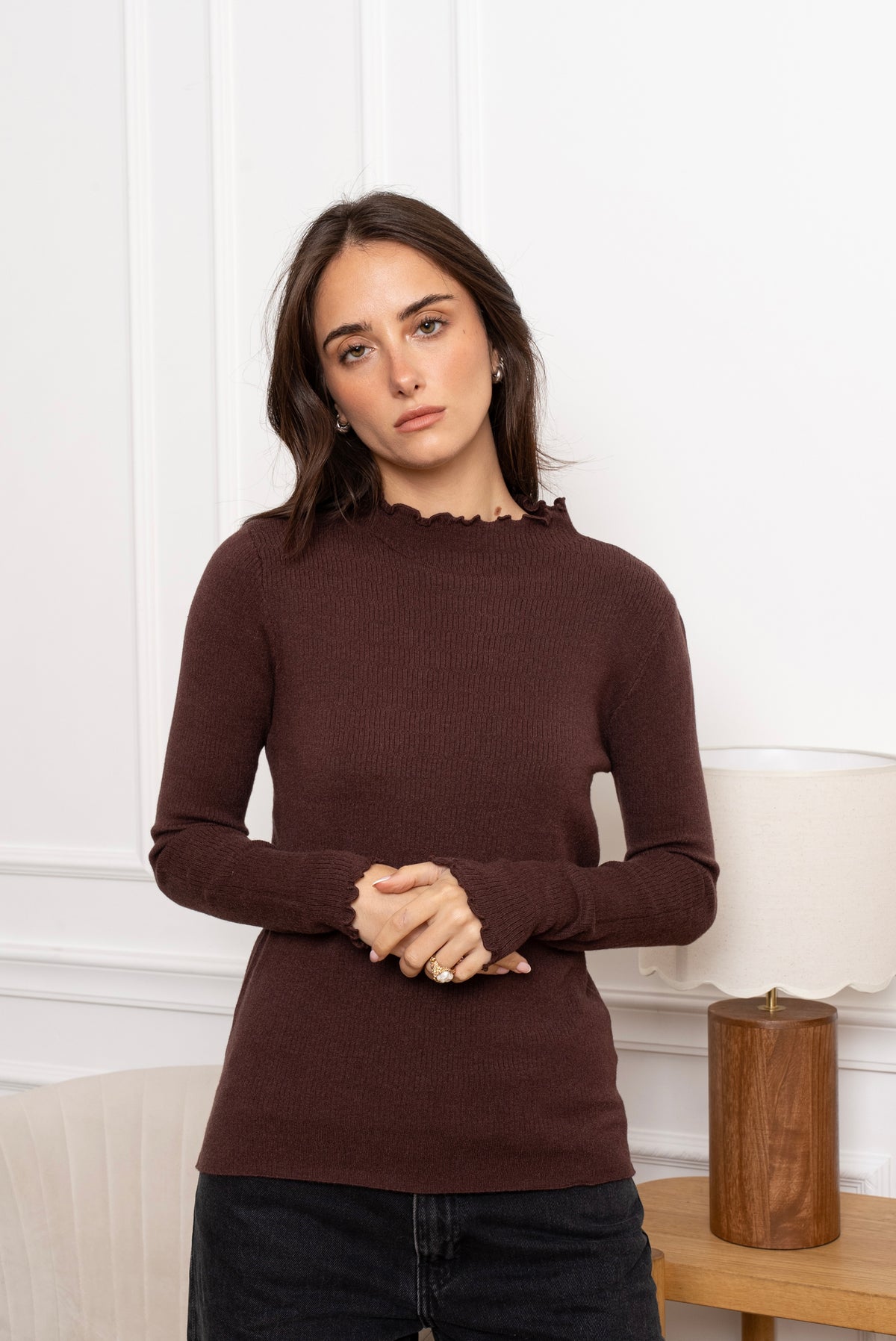 Frilled funnel neck top 9013