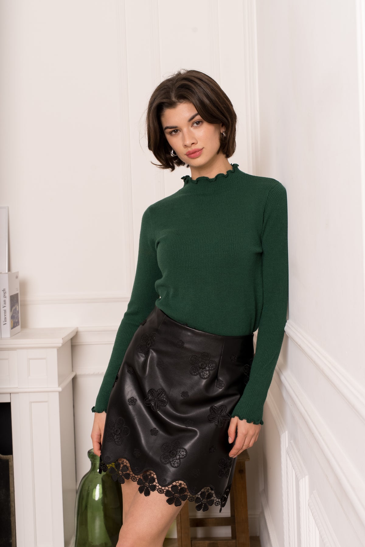 Frilled funnel neck top 9013