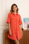 koraal Jurken - Button cotton dress van Kilky