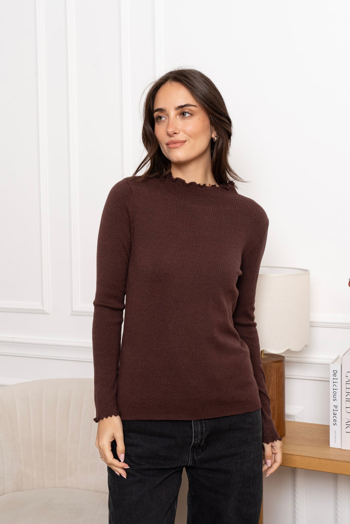 Frilled funnel neck top 9013
