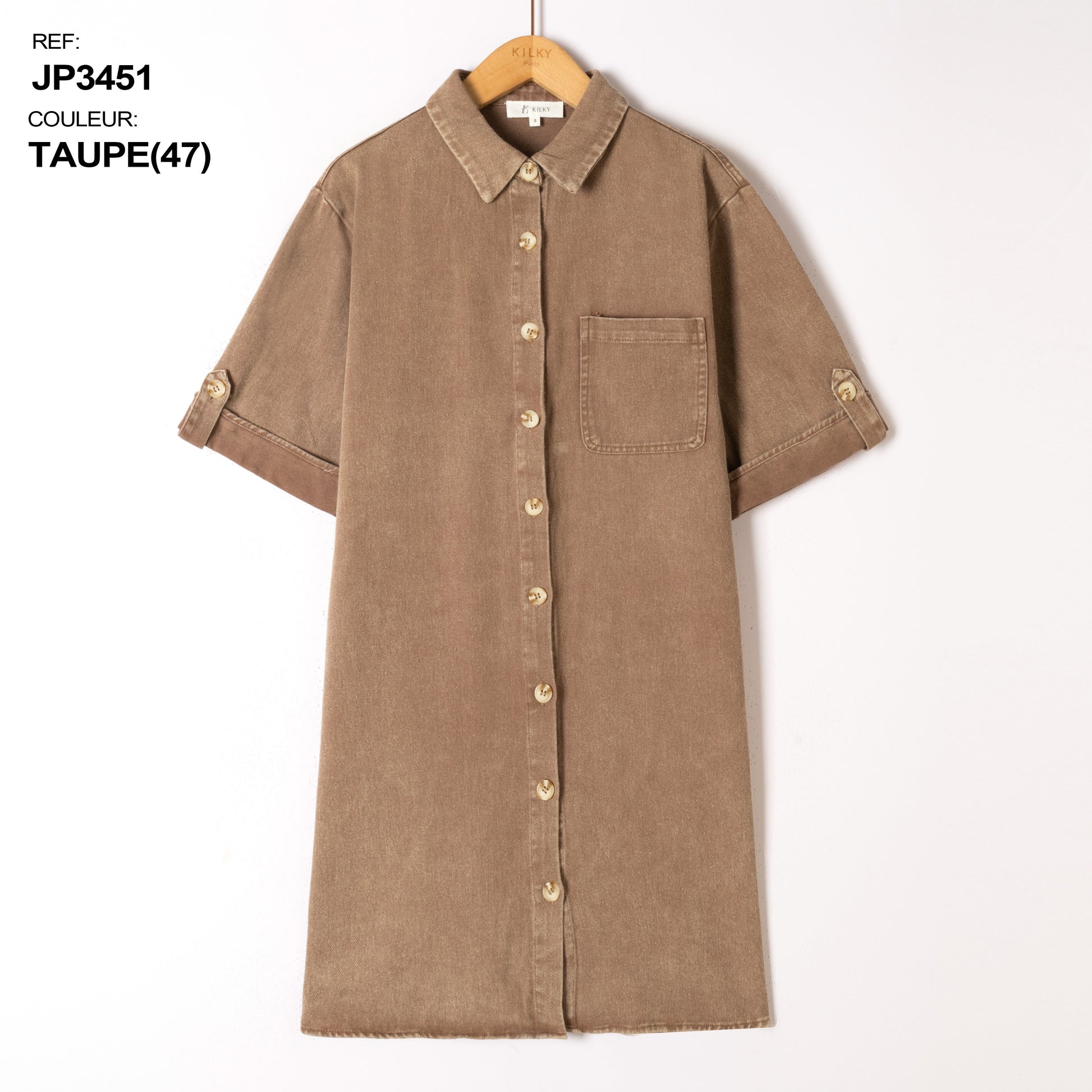 taupe Jurken - Button cotton dress van Kilky