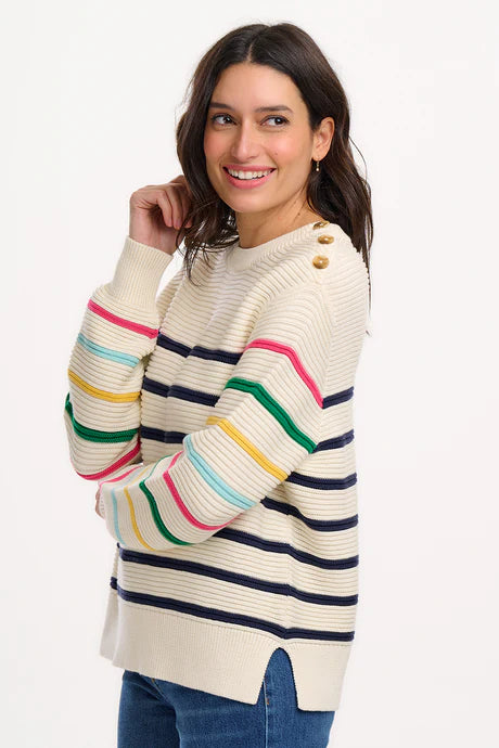 OFF-WHITE NAVY, CLASSIC STRIPE RAINBOW SLEEVES Pulls - Rebecca Jumper van Sugarhill Boutique