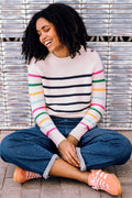 OFF-WHITE NAVY, CLASSIC STRIPE RAINBOW SLEEVES Pulls - Rebecca Jumper van Sugarhill Boutique