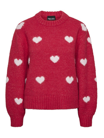 Rose Red Pulls - Pcrina Ls O-Neck Heart Knit van Pieces