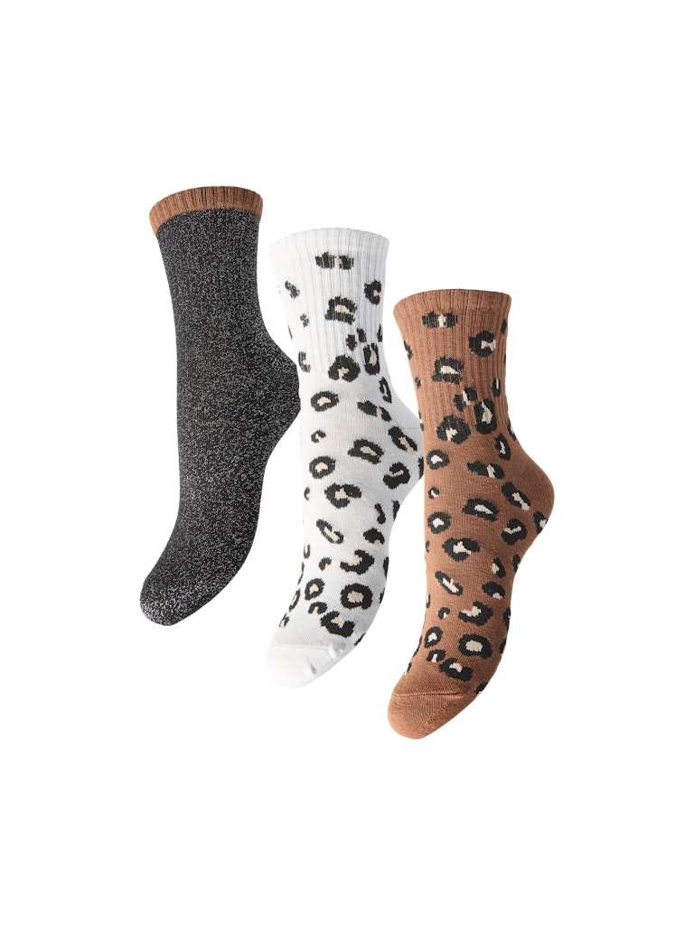 Biscuit 3 Pack Blc Lurex-White pepper Leo ONE SIZE Sokken - Pcprima Animal Socks 3 Pack van Pieces