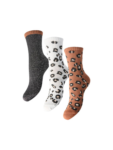 Biscuit 3 Pack Blc Lurex-White pepper Leo ONE SIZE Sokken - Pcprima Animal Socks 3 Pack van Pieces