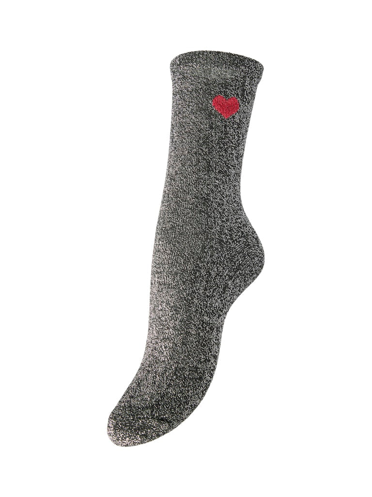 Black Silver lurex + red heart ONE SIZE Sokken - Pcnolia Lurex Socks van Pieces
