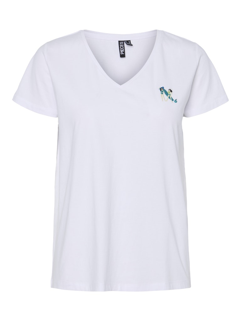 Bright White SURFBOARD EMB T-shirts - Pctilly Ss V-Neck Emb T-Shirt van Pieces