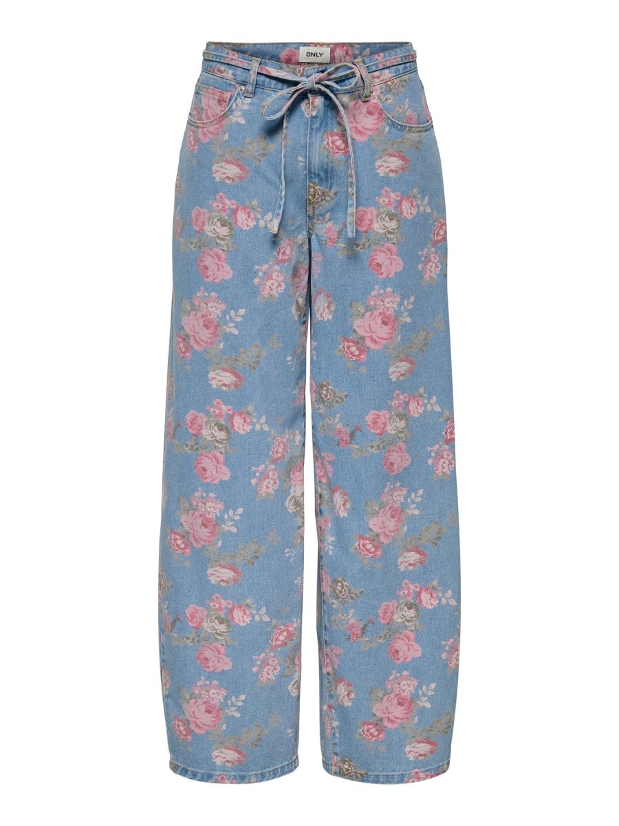 Medium blue denim-FLOWERS 32 Jeans - Onlgianna Hw Str Belt Aop Flower Denim Pants van Only