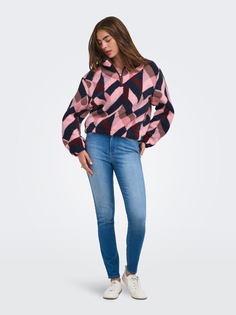 Onlnew Dallas L/S Highneck Zip Sweat Noos - Graphic pink van Only – Sweaters voor dames | Meisjes Brugge