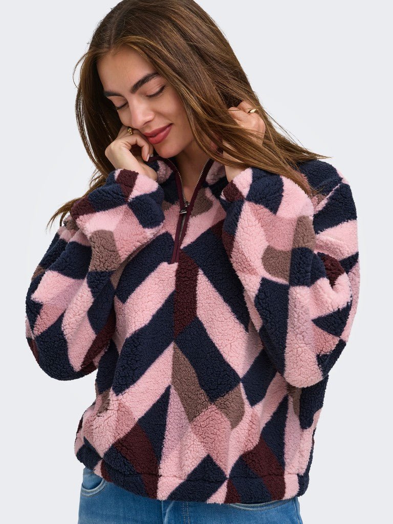 Onlnew Dallas L/S Highneck Zip Sweat Noos - Graphic pink van Only – Sweaters voor dames | Meisjes Brugge