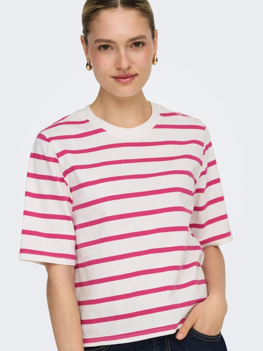 Cloud dancer-Pink yarrow (soli) Tops - Onlsoph S/S Stripe Top van Only