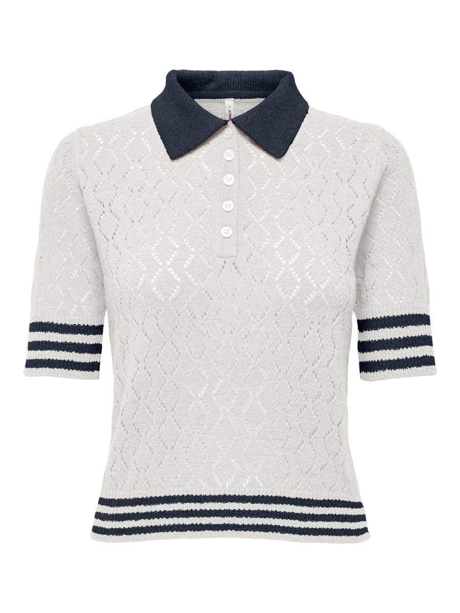 Cloud dancer-Navy Blazer DTM FMOP Button Tops - Onlsunny Ss Pointelle Polo Knit van Only