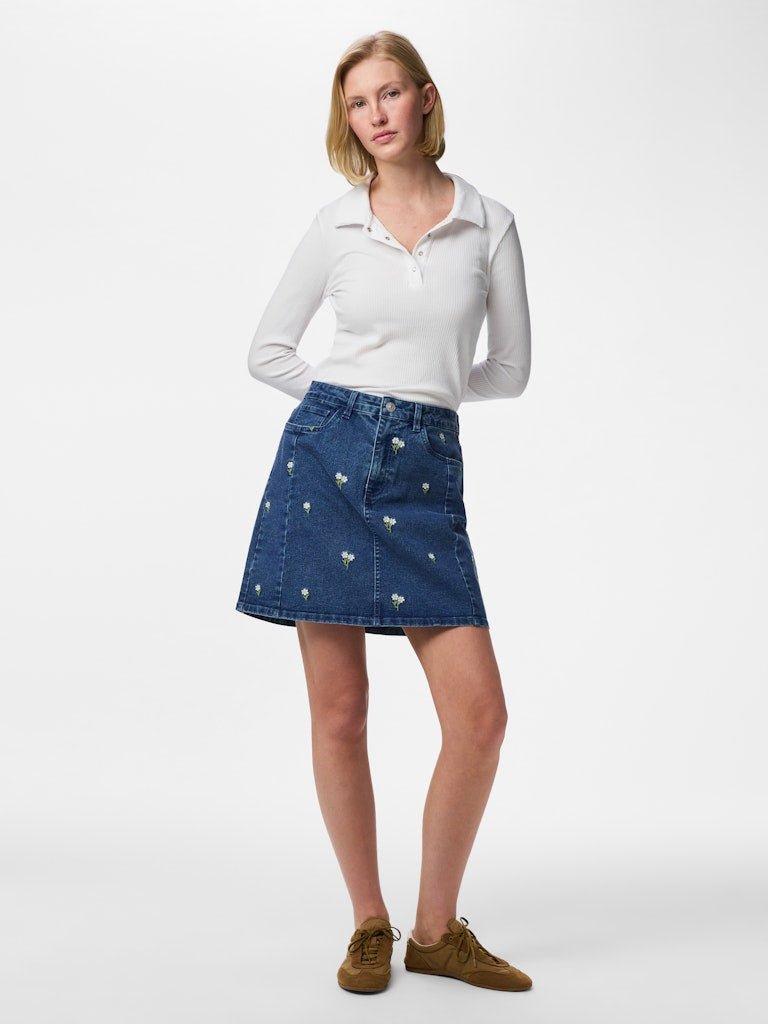 Pcflora Hw Short Denim Emb Skirt Noos – Rokken voor dames in kleur | Meisjes