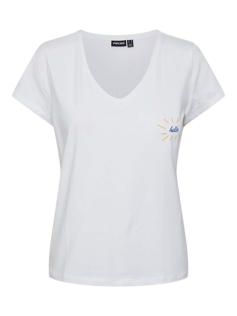 Bright White BLUE YELLOW HELLO SUN EMBROIDERY T-shirts - Pcmiu Ss T-Shirt van Pieces