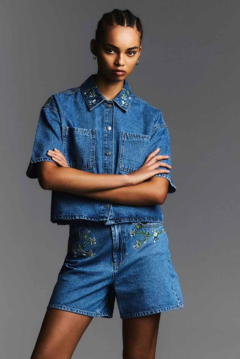 Pcsky Embroidery 3/4 Denim Shirt van Pieces – Shirts voor dames | Meisjes Brugge