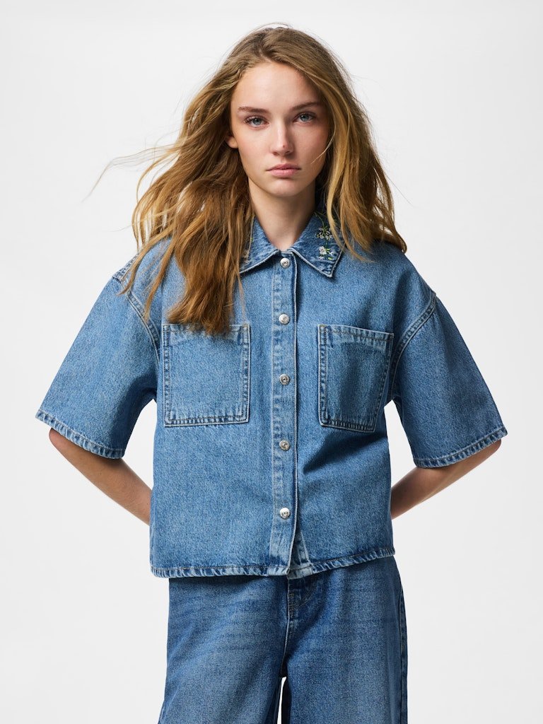 Pcsky Embroidery 3/4 Denim Shirt van Pieces – Shirts voor dames | Meisjes Brugge