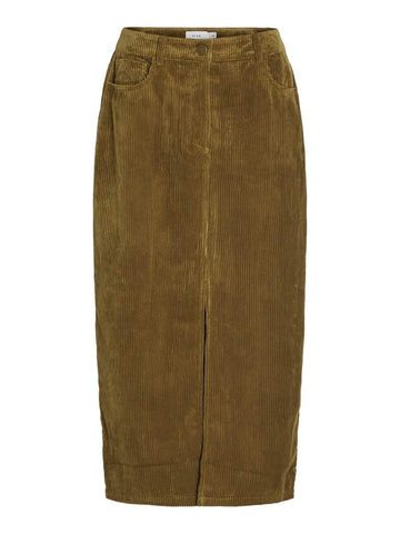 Gothic Olive Rokken - Viemily Midi Corduroy Skirt van Vila