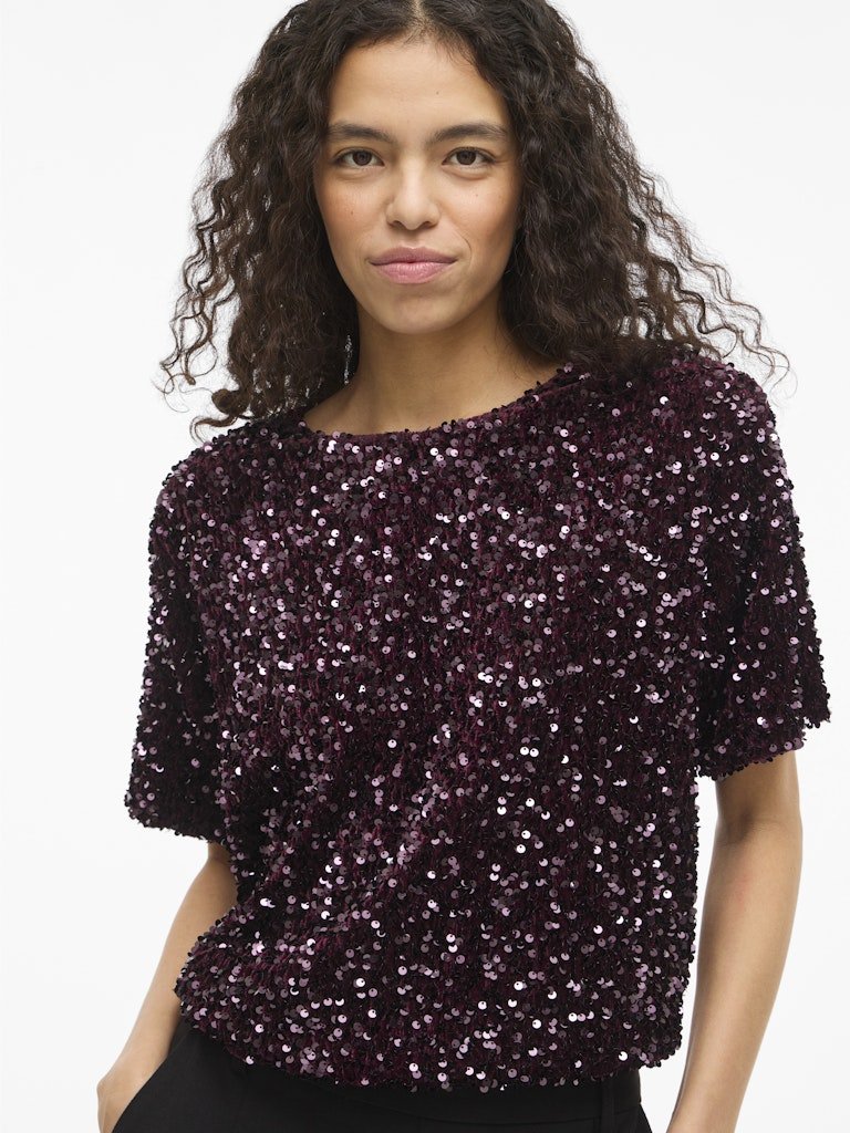 Fig Tops - Vifaith O-Neck S/S Sequin Top Bordeaux van Vila