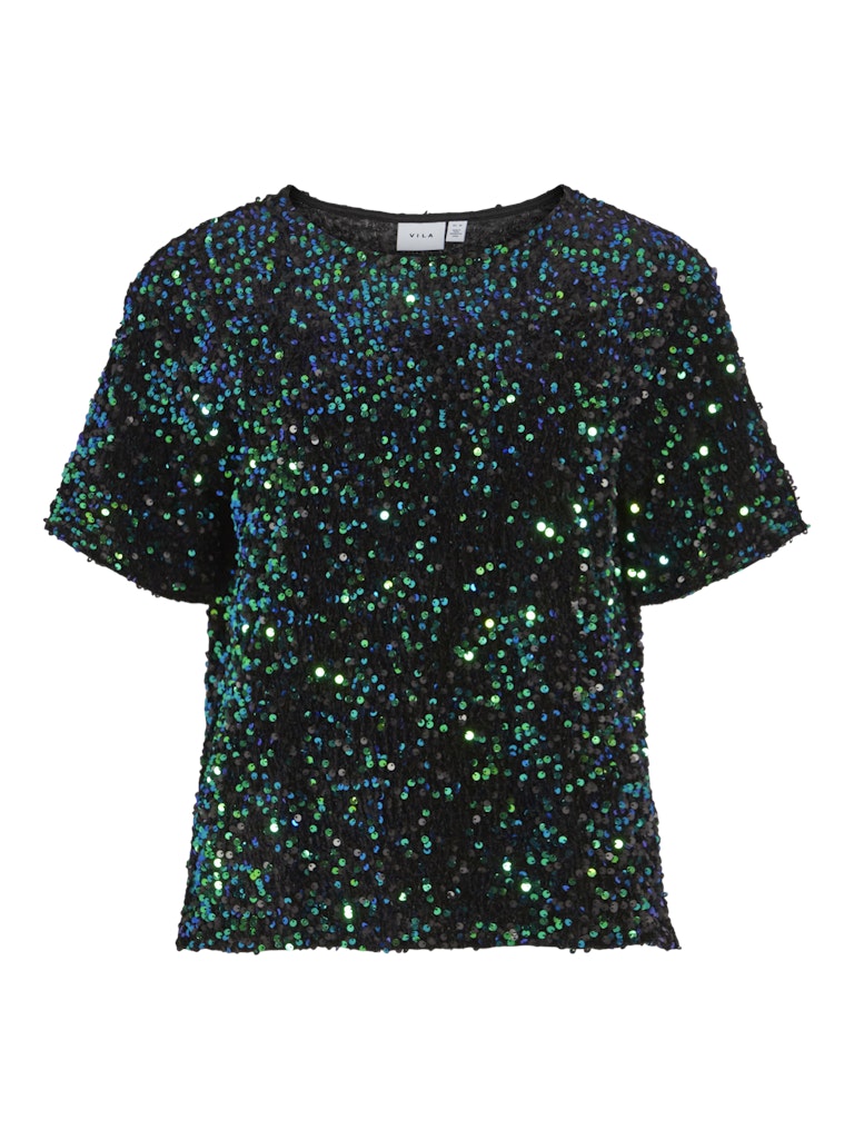 Black Beauty AQUAMARINE SEQUINS Tops - Vifaith O-Neck S/S Sequin Top van Vila