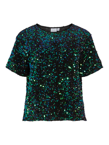 Black Beauty AQUAMARINE SEQUINS Tops - Vifaith O-Neck S/S Sequin Top van Vila