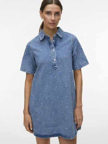 Vmocina Ss Emb Denim Dress – Jurken voor dames in kleur | Meisjes