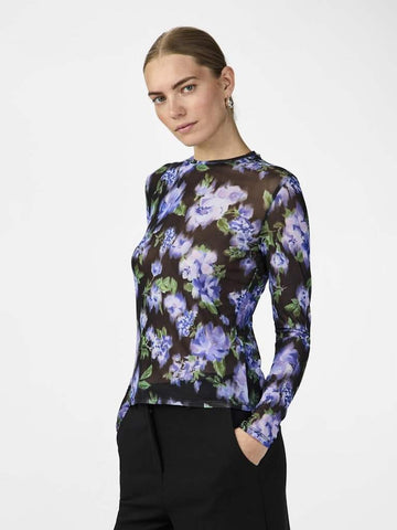 Black Blue Flower Print Tops - Yashannah Ls Mesh Top van Y.A.S