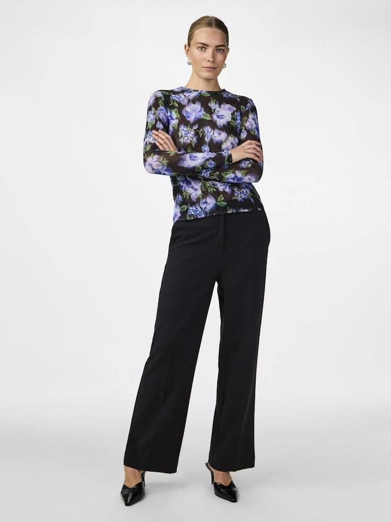 Black Blue Flower Print Tops - Yashannah Ls Mesh Top van Y.A.S