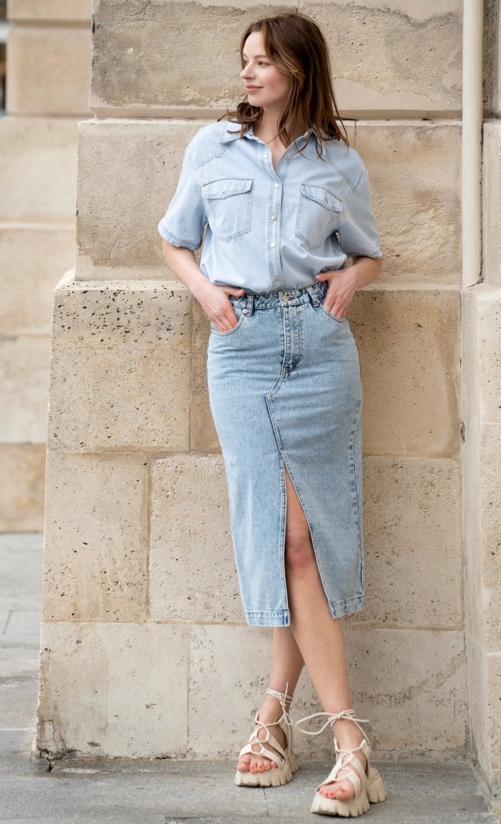 Elle midi jeanskirt with split- koop Rokken van Twee Meisjes bij Tweemeisjes