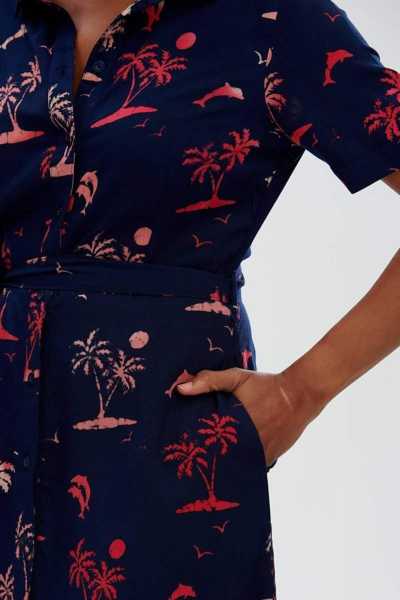 Navy, Tropical Island Jurken - Lauretta Tropical Batik Shirt Dress van Sugarhill Boutique